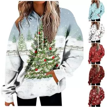 Женские повседневные модные рождественские пуловеры с длинными рукавами и принтом, толстовки с капюшоном S зелёный