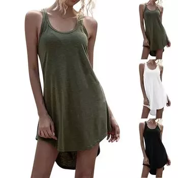 Женские повседневные модные сексуальные однотонные платья без рукавов с U-образным вырезом L чёрный