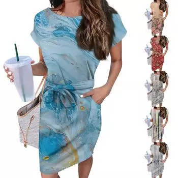 Женские повседневные модные сексуальные платья-туники с круглым вырезом и коротким рукавом с ботаническим цветочным принтом L