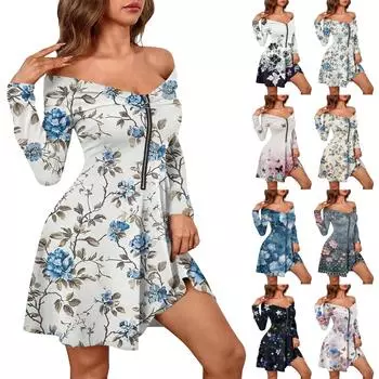 Женские повседневные модные сексуальные платья с открытыми плечами и длинным рукавом с принтом на молнии XXL белый