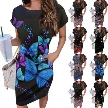 Женские повседневные модные сексуальные платья-туники с круглым вырезом и коротким рукавом с ботаническим цветочным принтом L чёрный