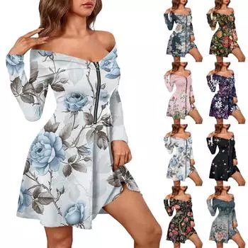 Женские повседневные модные сексуальные платья с открытыми плечами и длинным рукавом с принтом на молнии L армия зеленый