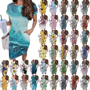 Женские повседневные модные сексуальные платья-туники с круглым вырезом и коротким рукавом с принтом подсолнечника L