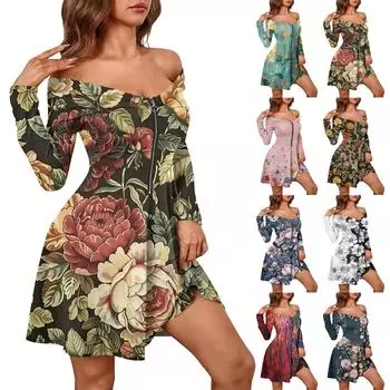 Женские повседневные модные сексуальные платья с открытыми плечами и длинным рукавом с принтом на молнии L хаки