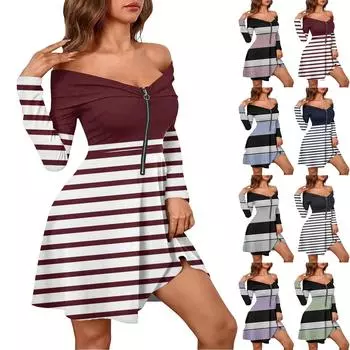 Женские повседневные модные сексуальные платья с открытыми плечами и длинным рукавом с принтом на молнии L чёрный