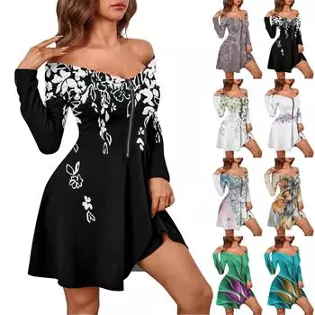 Женские повседневные модные сексуальные платья с открытыми плечами и длинным рукавом с принтом на молнии L чёрный