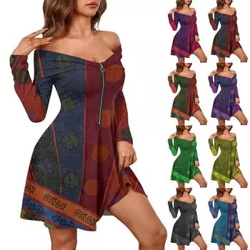 Женские повседневные модные сексуальные платья с открытыми плечами и длинным рукавом с принтом на молнии L синий
