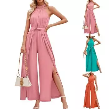 Женские повседневные, модные, сексуальные, удобные, крутые, дышащие, однотонные свободные комбинезоны с поясом L розовый