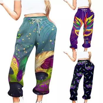 Женские повседневные модные спортивные штаны с принтом маски Марди Гра, брюки с эластичной резинкой на талии и шнурком L чёрный