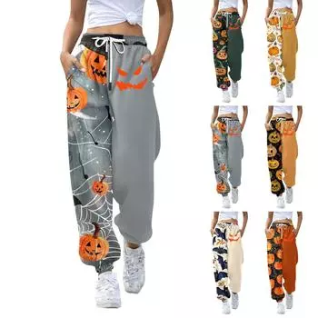 Женские повседневные модные спортивные штаны с принтом на Хэллоуин, повседневные брюки L бежевый