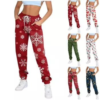 Женские повседневные модные спортивные штаны с рождественским принтом и шнурком, брюки XXL тёмно-синий