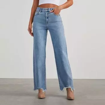 Женские повседневные модные свободные джинсы с широкими штанинами, боковыми швами и необработанным краем L небесно-голубой