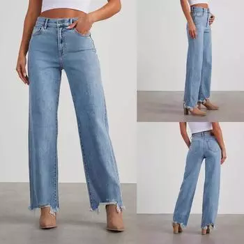 Женские повседневные модные свободные джинсы с широкими штанинами, боковыми швами и необработанным краем L небесно-голубой