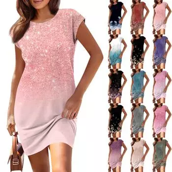 Женские повседневные модные свободные платья с круглым вырезом, платья-пуловеры с коротким рукавом и принтом XXL