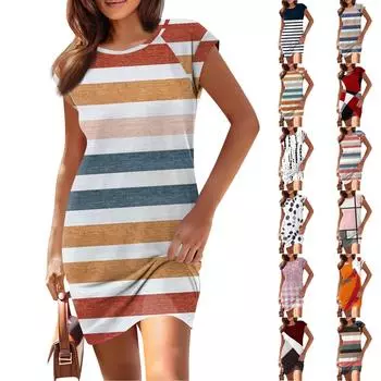 Женские повседневные модные свободные платья с круглым вырезом, платья-пуловеры с коротким рукавом и принтом L