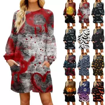 Женские повседневные модные свободные платья с круглым вырезом и длинным рукавом на Хэллоуин с принтом XXXL фиолетовый