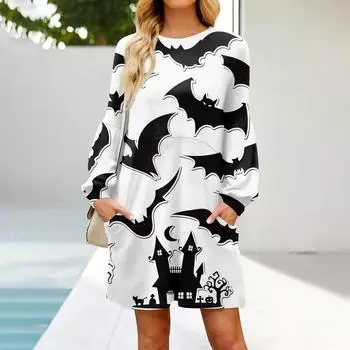 Женские повседневные модные свободные платья с круглым вырезом и длинным рукавом на Хэллоуин с принтом L белый