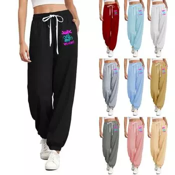 Женские повседневные модные свободные прямые спортивные брюки с принтом и эластичным поясом на завязках L чёрный