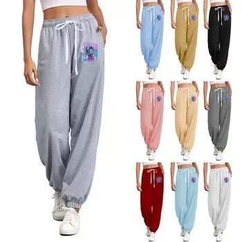 Женские повседневные модные свободные прямые спортивные брюки с принтом и эластичным поясом на завязках L чёрный