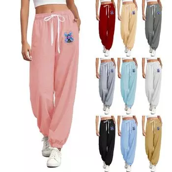 Женские повседневные модные свободные прямые спортивные брюки с принтом и эластичным поясом на завязках L чёрный