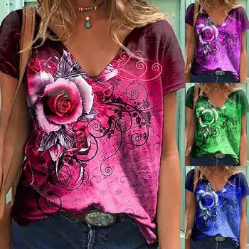 Женские повседневные модные свободные топы с короткими рукавами и v-образным вырезом с розовым цветочным принтом XXXXL