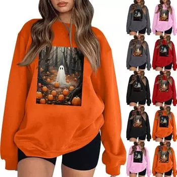 Женские повседневные модные толстовки с длинным рукавом и круглым вырезом с принтом Хэллоуина, пуловер, топ L чёрный