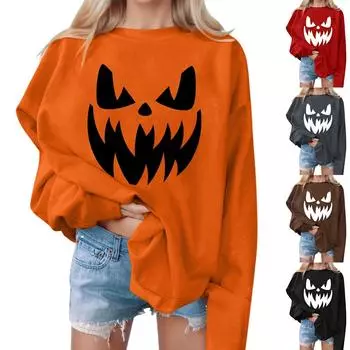 Женские повседневные модные толстовки с длинным рукавом и круглым вырезом с принтом Хэллоуина, пуловер, топ XL красный