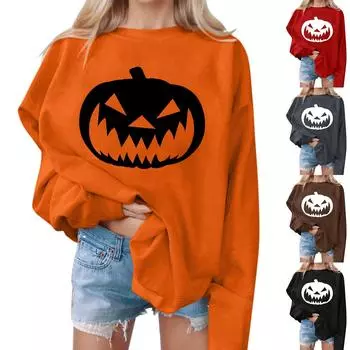 Женские повседневные модные толстовки с длинным рукавом и круглым вырезом с принтом Хэллоуина, пуловер, топ L чёрный