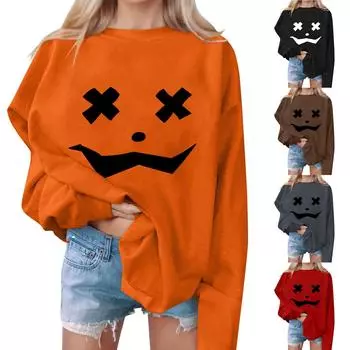 Женские повседневные модные толстовки с длинным рукавом и круглым вырезом с принтом Хэллоуина, пуловер, топ L чёрный