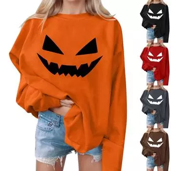 Женские повседневные модные толстовки с длинным рукавом и круглым вырезом с принтом Хэллоуина, пуловер, топ L чёрный