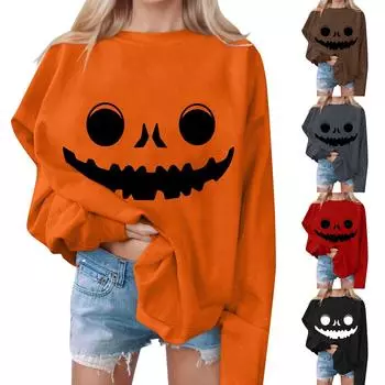 Женские повседневные модные толстовки с длинным рукавом и круглым вырезом с принтом Хэллоуина, пуловер, топ L чёрный