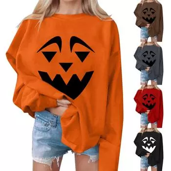 Женские повседневные модные толстовки с длинным рукавом и круглым вырезом с принтом Хэллоуина, пуловер, топ L чёрный