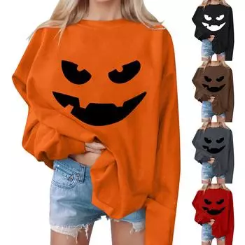 Женские повседневные модные толстовки с длинным рукавом и круглым вырезом с принтом Хэллоуина, пуловер, топ XL чёрный
