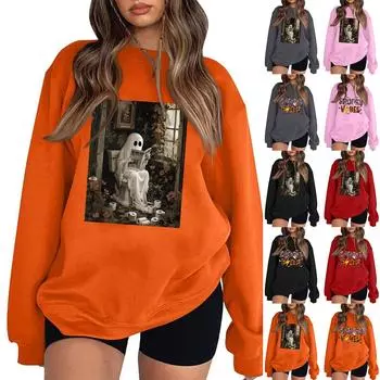 Женские повседневные модные толстовки с длинным рукавом и круглым вырезом с принтом Хэллоуина, пуловер, топ L серый