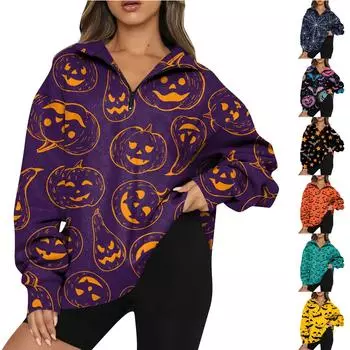 Женские повседневные модные толстовки с длинным рукавом и застежкой-молнией с принтом на Хэллоуин, уличные негабаритные толстовки L фиолетовый