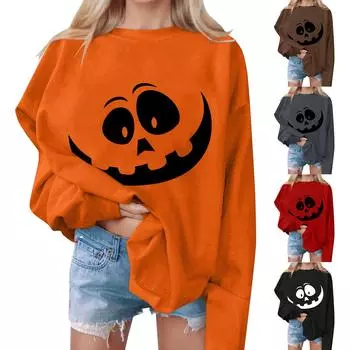 Женские повседневные модные толстовки с длинным рукавом и круглым вырезом с принтом Хэллоуина, пуловер, топ L чёрный