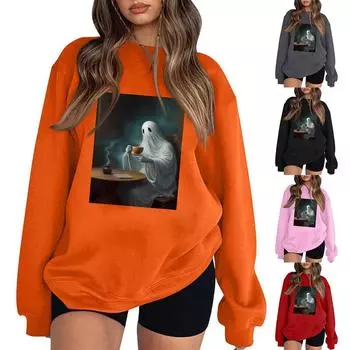 Женские повседневные модные толстовки с длинным рукавом и круглым вырезом с принтом Хэллоуина, пуловер, топ L