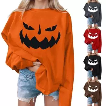 Женские повседневные модные толстовки с длинным рукавом и круглым вырезом с принтом Хэллоуина, пуловер, топ XXL красный