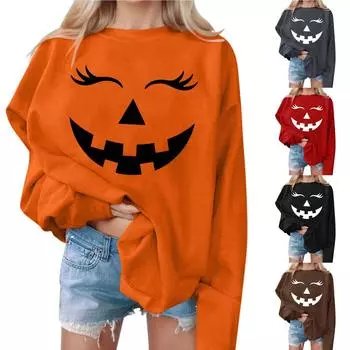 Женские повседневные модные толстовки с длинным рукавом и круглым вырезом с принтом Хэллоуина, пуловер, топ L оранжевый