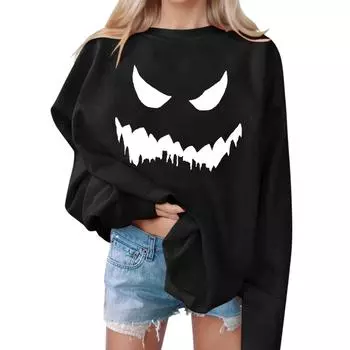 Женские повседневные модные толстовки с длинным рукавом и круглым вырезом с принтом Хэллоуина, пуловер, топ XL чёрный