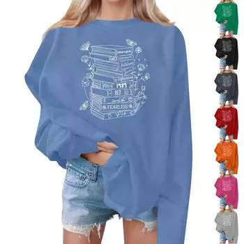 Женские повседневные модные толстовки с длинным рукавом и круглым вырезом с принтом, пуловер, топ M синий