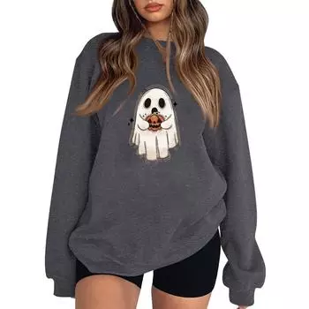 Женские повседневные модные толстовки с длинным рукавом и круглым вырезом с принтом Хэллоуина, пуловер, топ XXL