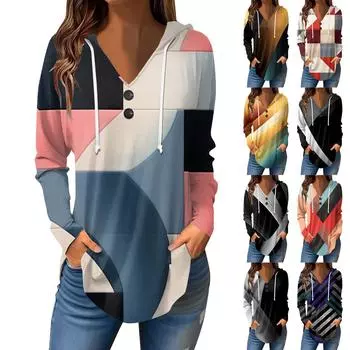 Женские повседневные модные топы с капюшоном и пуговицами с V-образным вырезом и длинными рукавами L бежевый