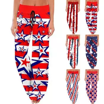 Женские повседневные модные удобные пижамные брюки с широкими штанинами и принтом на День независимости L