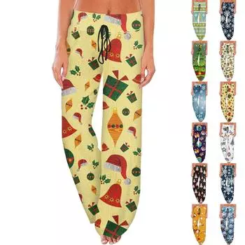 Женские повседневные модные удобные пижамные брюки с рождественским принтом, широкие брюки на шнурке XXL хаки