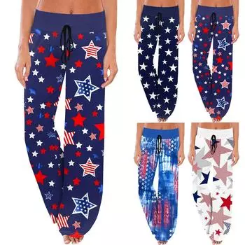 Женские повседневные модные удобные пижамные брюки с широкими штанинами и принтом на День независимости XXL белый
