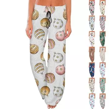 Женские повседневные модные удобные пижамные брюки с рождественским принтом, широкие брюки на шнурке XL