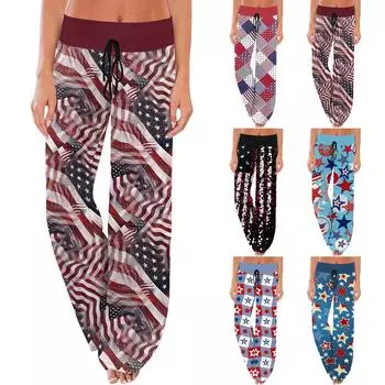 Женские повседневные модные удобные пижамные брюки с широкими штанинами и принтом на День независимости S чёрный