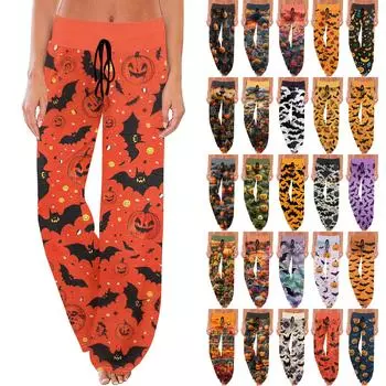 Женские повседневные модные удобные пижамные брюки с принтом Хэллоуина, широкие брюки с завязками L фиолетовый