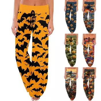 Женские повседневные модные удобные пижамные брюки с принтом Хэллоуина, широкие брюки с завязками L